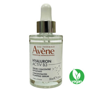 A 30ml bottle of Avène Hyaluron Activ B3 Concentrated Plumping Serum, a skincare product that hydrates and plumps the skin. The bottle is white with a light blue label featuring the product name and a description of its benefits.