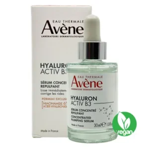 Avène Hyaluron Activ B3 Concentrated Plumping Serum, a skincare product that hydrates and plumps the skin. The bottle is white with a light blue label featuring the product name and a description of its benefits.