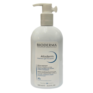 A customer inquiry on an e-commerce website asking for the price of a 500ml bottle of Bioderma Atoderm Intensive Ultra-Soothing Foaming Gel skincare product.
