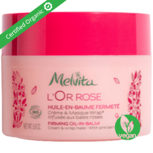 An image displaying a 170ml container of Melvita Organic L'Or Rose Firming Oil-in-Balm, a luxurious skincare product available for purchase on the WooCommerce online store.