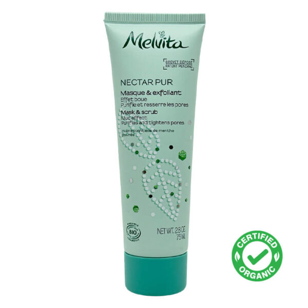 Melvita Nectar Pur Mask & Scrub is a dual-action treatment that purifies and exfoliates combination to oily skin.